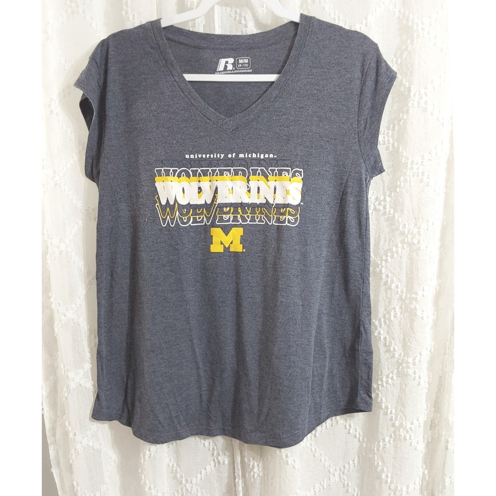 Russell Athletic University of Michigan Wolverines V-Neck Graphic Tee Navy Med